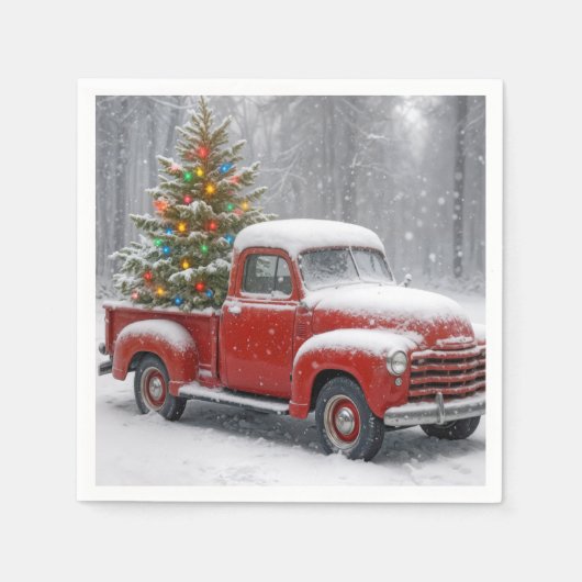 Red Retro Truck With Christmas Tree スタンダードカクテルナプキン (正面)