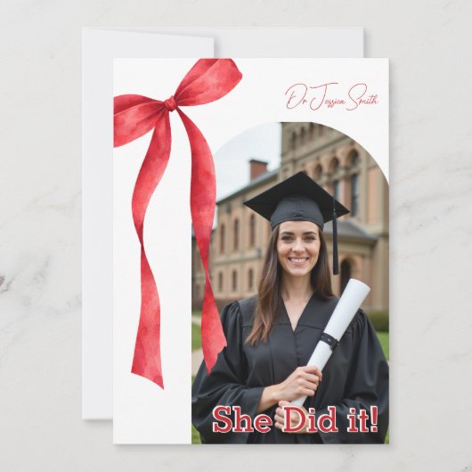 Red Ribbon Accent Graduation 招待状 (正面)