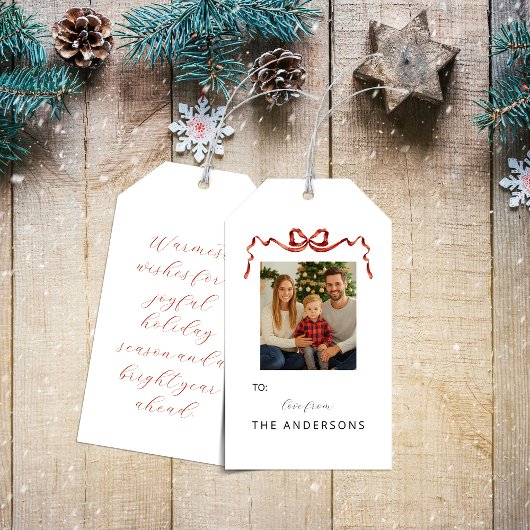 Red Ribbon Bow Christmas Photo Gift Tag ギフトタグ