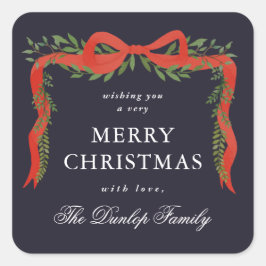 Red Ribbon Bow Greenery Christmas Gift Tags スクエアシール