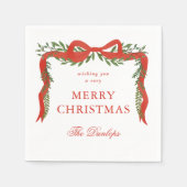 Red Ribbon Bow Greenery Christmas Party スタンダードカクテルナプキン (正面)