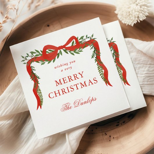 Red Ribbon Bow Greenery Christmas Party スタンダードカクテルナプキン