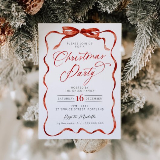 Red Ribbon Christmas Party Invitation 招待状