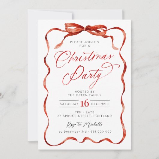 Red Ribbon Christmas Party Invitation 招待状 (正面)