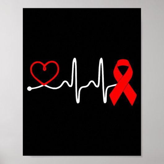 Red Ribbon Heartbeat Design For Heart Disease Awar ポスター (正面)