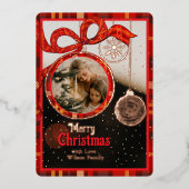 Red Ribbon Plaid  Gold Foil Single Photo Christmas 箔シーズンカード (正面)