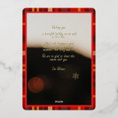 Red Ribbon Plaid  Gold Foil Single Photo Christmas 箔シーズンカード (裏面)