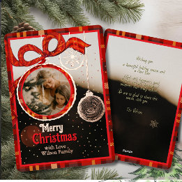 Red Ribbon Plaid  Gold Foil Single Photo Christmas 箔シーズンカード