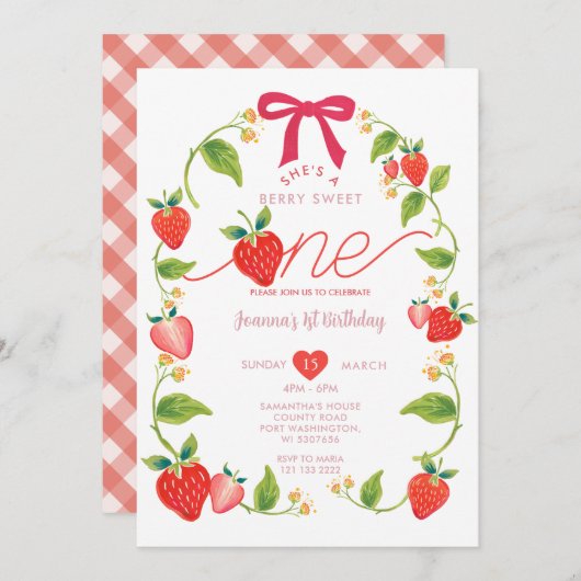 Red Ribbon Strawberry Sweet One Berry Birthday  招待状 (正面/裏面)