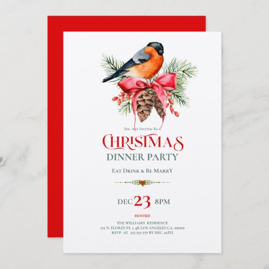 Red Robin with pinecones Christmas design 招待状 (正面/裏面)