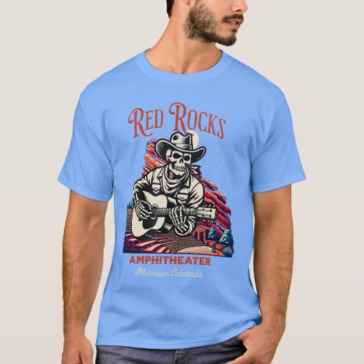 Red Rocks野外劇場のギターを弾くスケルトンgif Tシャツ (正面)
