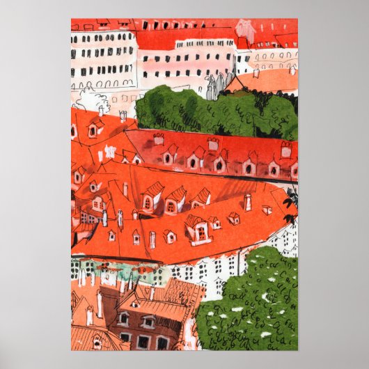 Red Roofs Prague Czech Cityscape Paper Collage Art ポスター (正面)