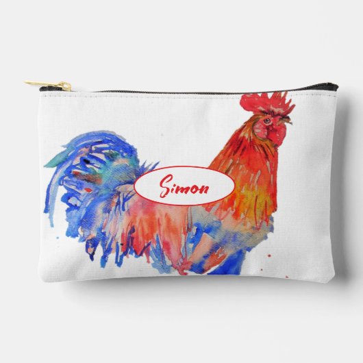 Red Rooster Blue Watercolor Boys Name Chicken アクセサリーポーチ (正面)