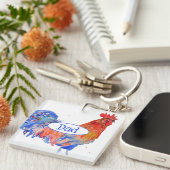 Red Rooster Chicken Blue Watercolor Painting Dad キーホルダー (正面右)