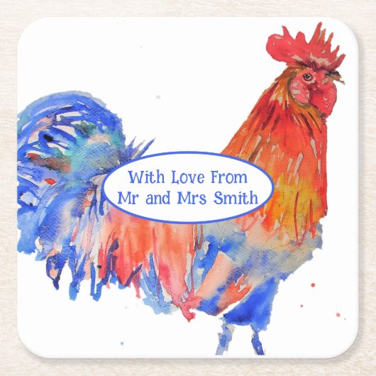 Red Rooster Chicken Blue Watercolor Wedding スクエアペーパーコースター (正面)