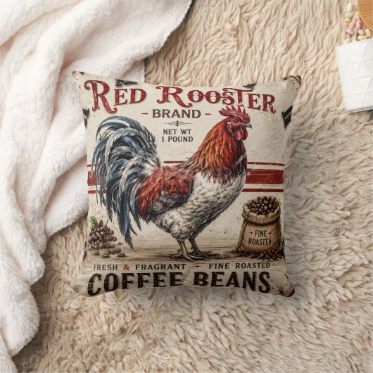 Red Rooster Coffee Beans Rustic Farmhouse クッション (ブランケット)