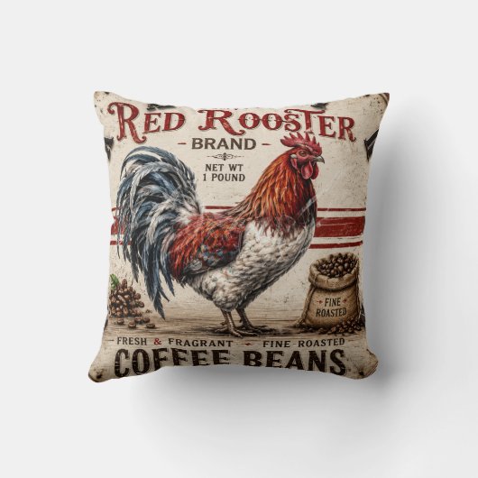 Red Rooster Coffee Beans Rustic Farmhouse クッション (裏面)