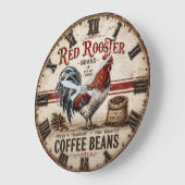 Red Rooster Coffee Beans Rustic Farmhouse ラージ壁時計 (傾斜)
