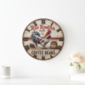 Red Rooster Coffee Beans Rustic Farmhouse ラージ壁時計 (ホーム)