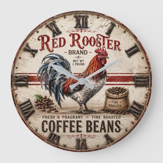 Red Rooster Coffee Beans Rustic Farmhouse ラージ壁時計 (正面)