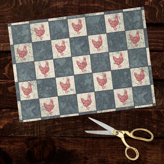 Red Rooster on Gray Black Checkerboard Farmhouse 薄葉紙