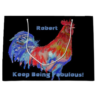 Red Rooster Watercolor Mans Name Gift Present Bag ラージペーパーバッグ