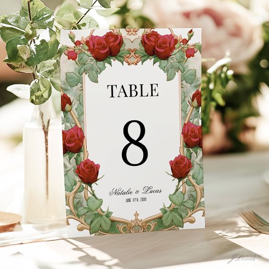 Red Rose Art Nouveau Wedding Table Number 招待状