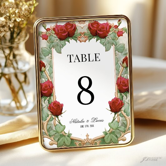 Red Rose Art Nouveau Wedding Table Number 招待状