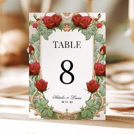 Red Rose Art Nouveau Wedding Table Number 招待状