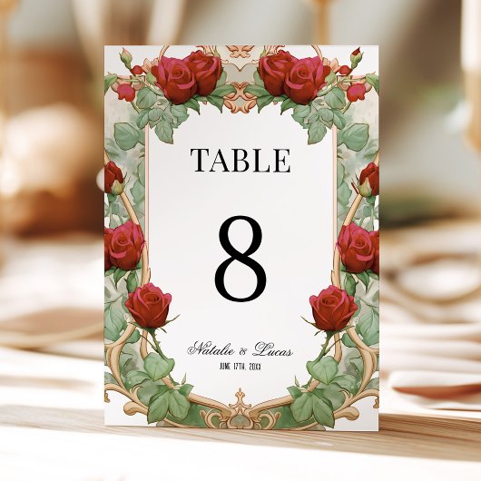 Red Rose Art Nouveau Wedding Table Number 招待状