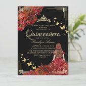 Red Rose Black Gold Butterfly Quinceañera 招待状 (スタンド正面)