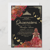 Red Rose Black Gold Butterfly Quinceañera 招待状 (正面)