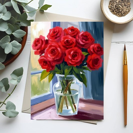 Red Rose Bouquet Flower Vase Watercolor ポストカード