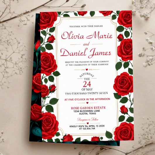 Red Rose Classic Rose Garden Elegant Floral アクリル招待状