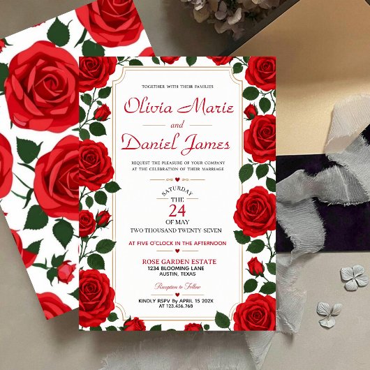 Red Rose Classic Rose Garden Elegant Floral 招待状