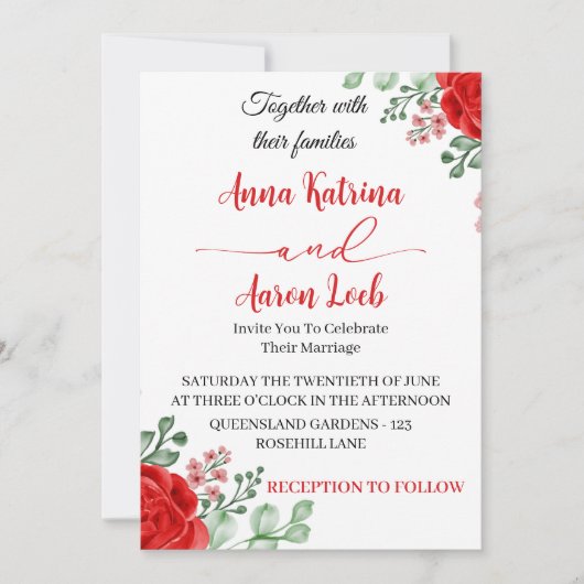 Red Rose Floral Wedding Invitation Template 招待状 (正面)