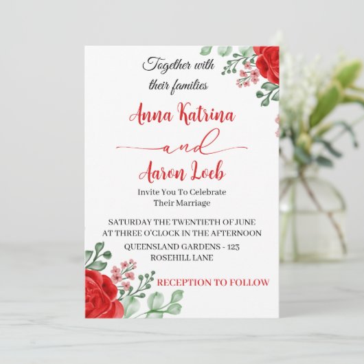 Red Rose Floral Wedding Invitation Template 招待状 (スタンド正面)