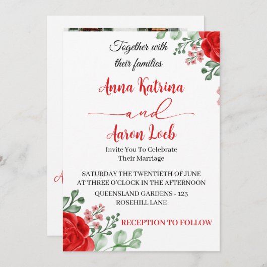 Red Rose Floral Wedding Invitation Template 招待状 (正面/裏面)