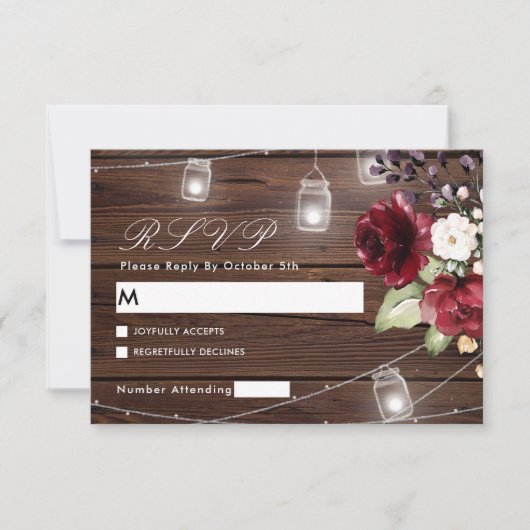 Red Rose Flowers Rustic Wood Wedding RSVP Card (正面)