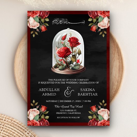 Red Rose Glass Dome QRコード ブラックムスリム ウェディング 招待状
