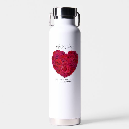 Red Rose Heart Romantic Floral Custom Text ウォーターボトル (正面)