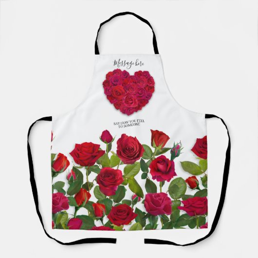 Red Rose Heart Romantic Floral Custom Text エプロン (正面)