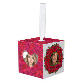 Red Rose Heart Romantic Floral Custom Text キューブオーナメント (正面アングル)