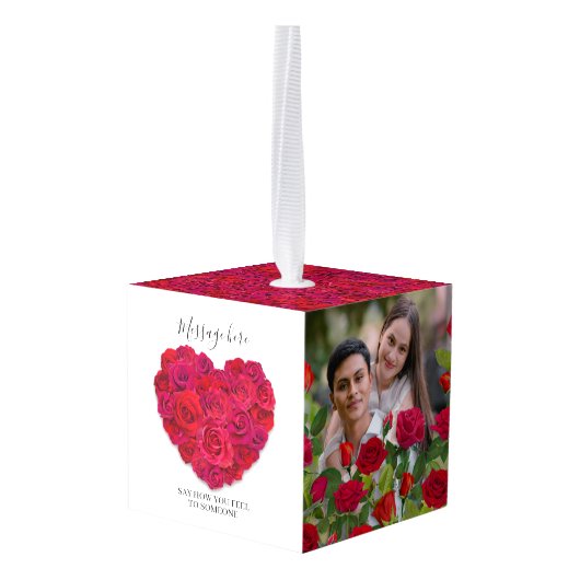Red Rose Heart Romantic Floral Custom Text キューブオーナメント (裏面アングル)