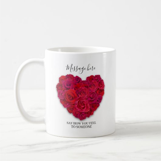 Red Rose Heart Romantic Floral Custom Text コーヒーマグカップ (左)