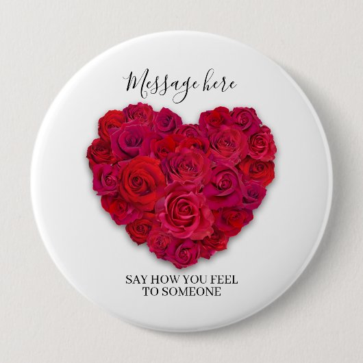 Red Rose Heart Romantic Floral Custom Text 缶バッジ (正面)