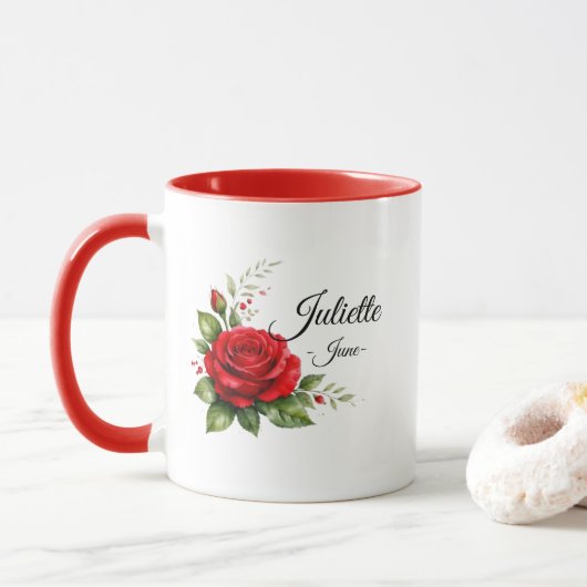 Red Rose Monogram Mug – June Birth Flower マグカップ (ドーナツ)