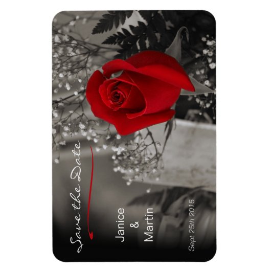 Red Rose on Black and White Save the Date マグネット (縦)