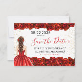 Red Rose Quinceañera Save the Date Card セーブザデート (正面)