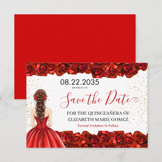 Red Rose Quinceañera Save the Date Card セーブザデート (正面/裏面)
